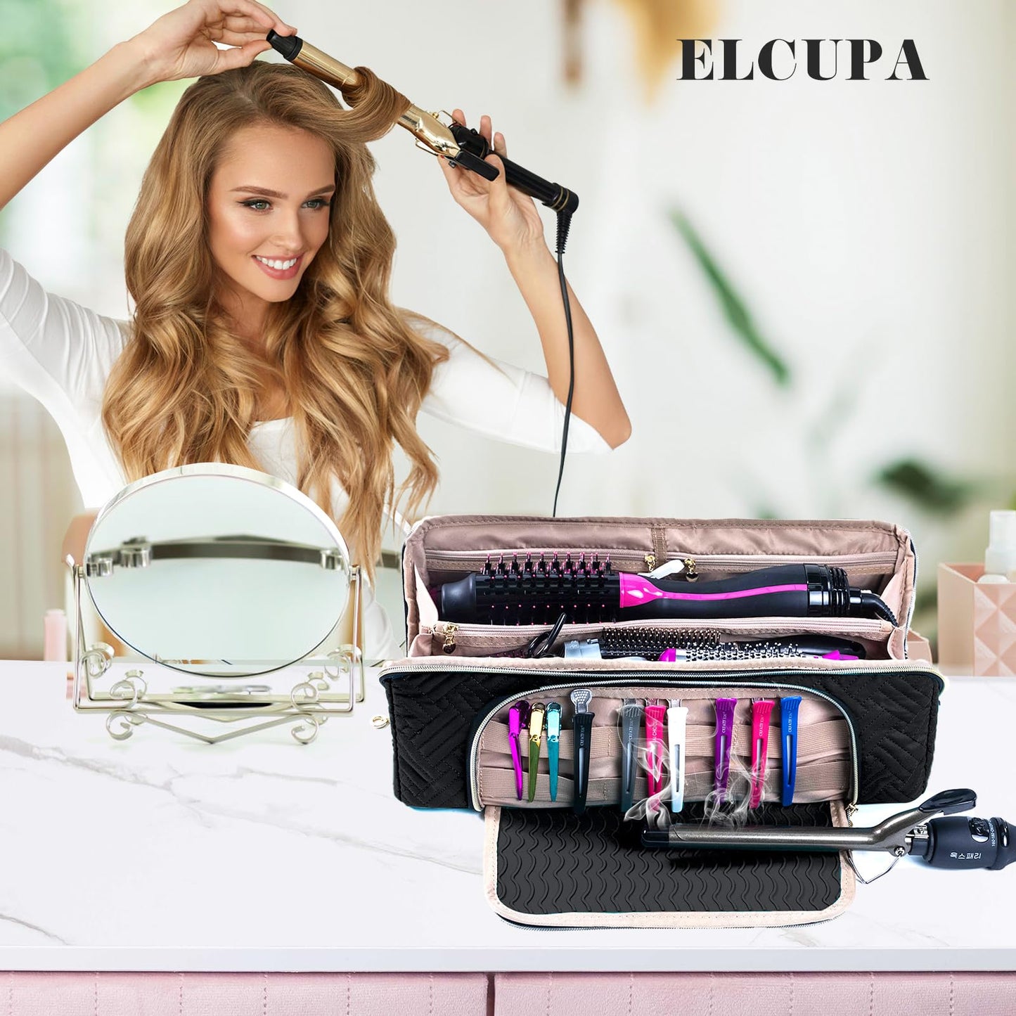 ELCUPA Large Hair Tools Travel Bag with Iron Mat - 2in1 Hair Tools Organizer for Hair Dryer Brush, Flat Irons, Straighteners, Curling Irons, Hair Bag, Makeup Bag, Cosmetic Bag for Travel Essentials