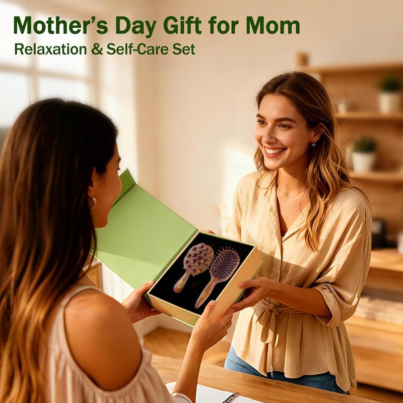 Self Care Relaxation Gift Set for Mom | Natural Wooden Massage Hair Brush & Scalp Gua Sha Tool - Stress Relief Wellness Box