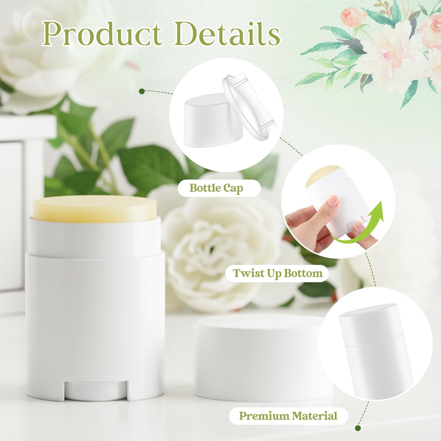 Teenyyou 50 Pack White Empty Deodorant Containers, 30ml/1oz, Bottom Filling, Refillable Deodorant Tubes Lipstick Balm Tubes Twisted, Plastic Oval for Homemade DIY Aromatherapy, Balm, Lotion