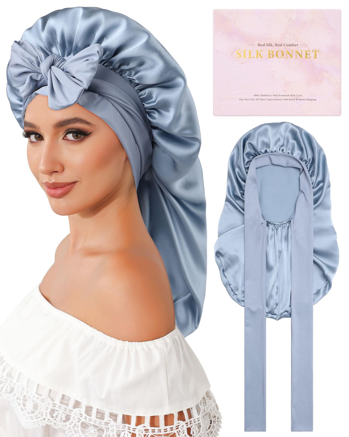 AWAYTR 100% Mulberry Silk Bonnet for Long Hair Sleeping Women Kids