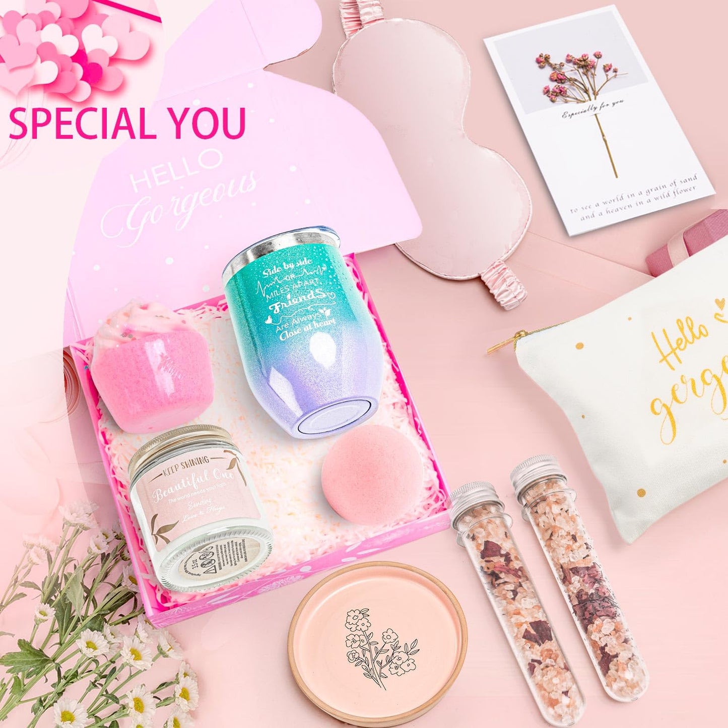 Birthday Gifts for Women-Best Relaxing Spa Gift Box Basket for Wife Mom Sister Girlfriend Daughter Best Friend Mother-Happy Birthday Gifts for Women -Unique Wine Tumbler Spa Bath Set (Rose Gold)
