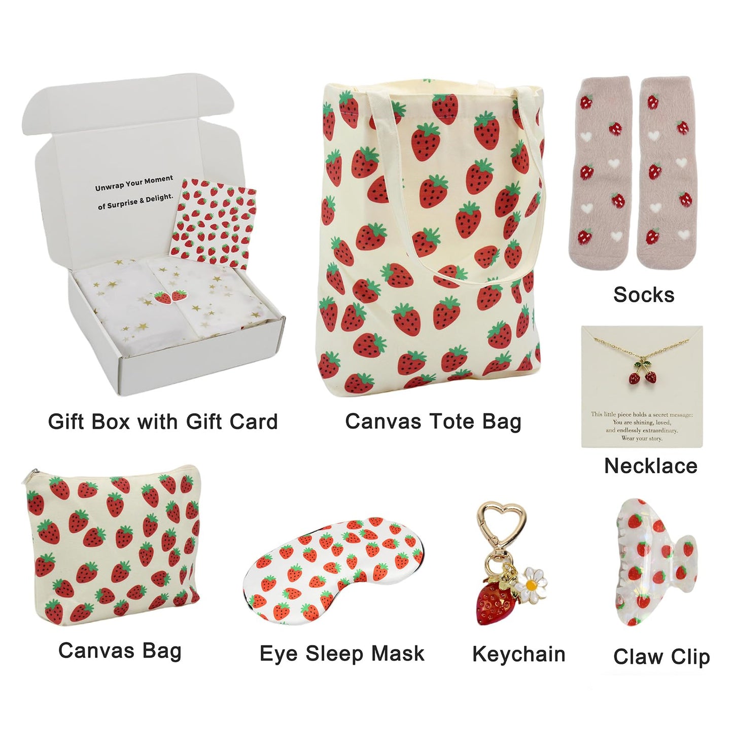 Strawberry Lover Gifts for Women - Strawberry Tote Bag, Makeup Bag, Eye Sleep Mask Gift Set for Girls - Birthday, Christmas, Thank You Gifts for Mom, Teacher, Friend, Sister, Nurse (Strawberry)