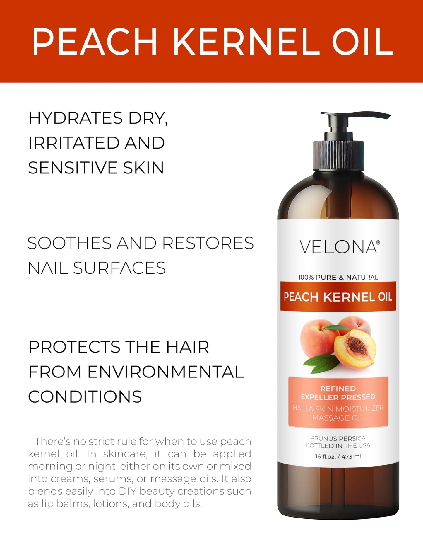 Peach Kernel Oil by Velona - 32 Fl Oz | 100% Pure and Natural Carrier Oil | Refined | Skin, Hair, Body & Face Moisturizing | Use Today - Enjoy Results