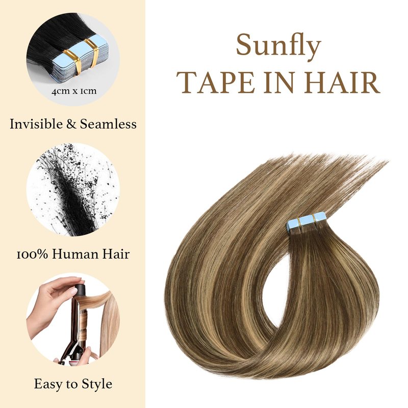 Sunfly Tape in Human Hair Extensions 16 Inch Balayage Chocolate Brown to Caramel Blonde 50g Human Hair Extensions Tape Ins 20pcs