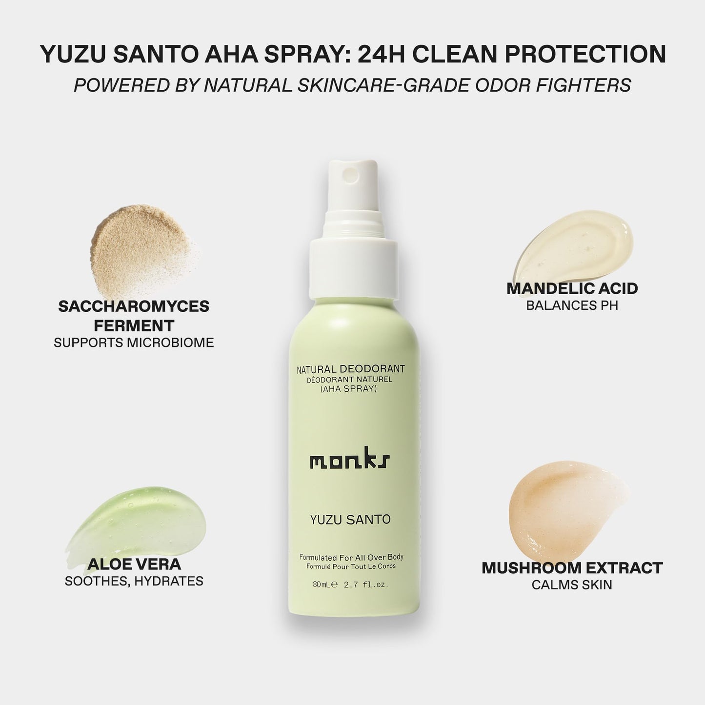 MONKS Whole Body Natural Deodorant Spray - For Women and Men, Aluminum-Free, Baking Soda Free, Probiotics, Organic AHA’s, Pure Essential Oils (Yuzu Santo)