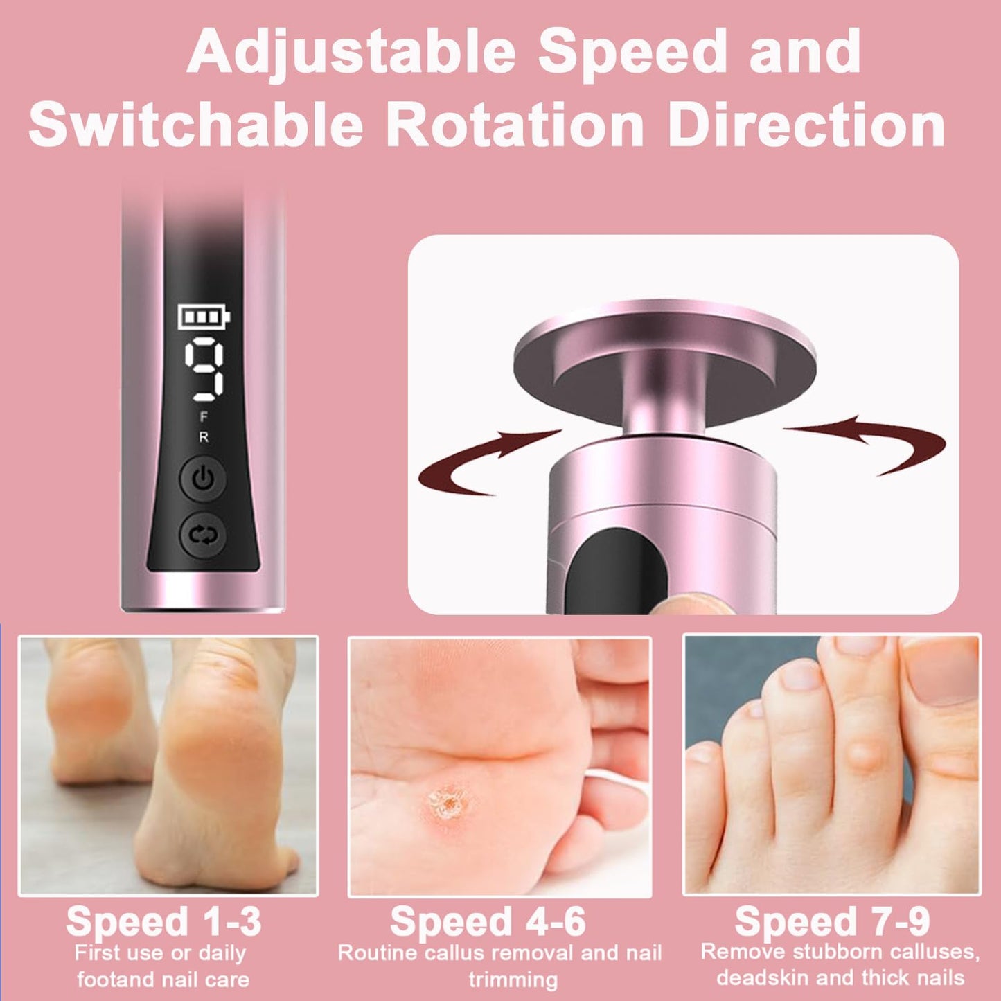 2 in 1 Electric Foot Callus Remover - with Nail Drill File, Aluminum Alloy, 11000RPM, 9 Speeds, with Digital Display, 10 Grinding Heads & 20pcs Sandpaper Discs,Cordless Rechargeable (Pink)