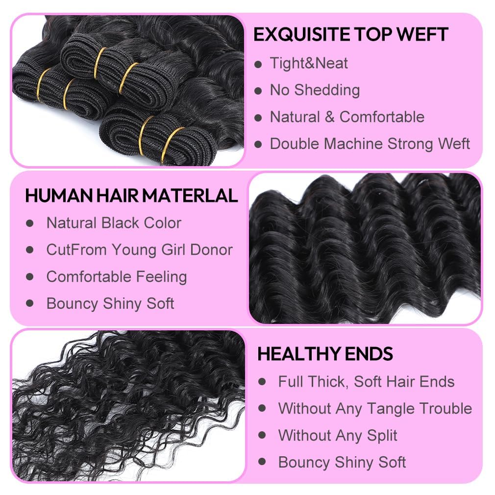 Deep Wave Human Hair Bundles 14 Inch Deep Wave Bundles 100% Unprocessed Brazilian Virgin Hair 1 Bundles Curly Bundles Hair Extensions Real Human Hair Wavy Quick Weave Bundles Natural Black