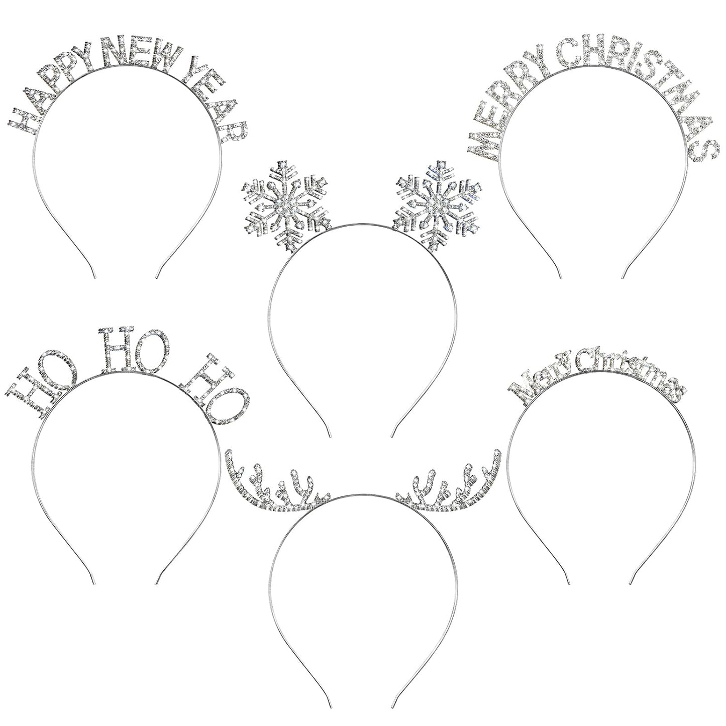 Christmas Headbands Set - 6 Pcs Rhinestone Snowflake & Reindeer Antler Hairbands | Silver Holiday Accessories for Women