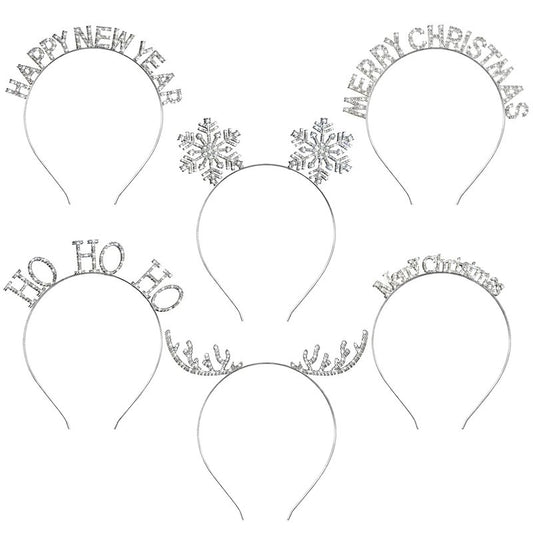 Christmas Headbands Set - 6 Pcs Rhinestone Snowflake & Reindeer Antler Hairbands | Silver Holiday Accessories for Women