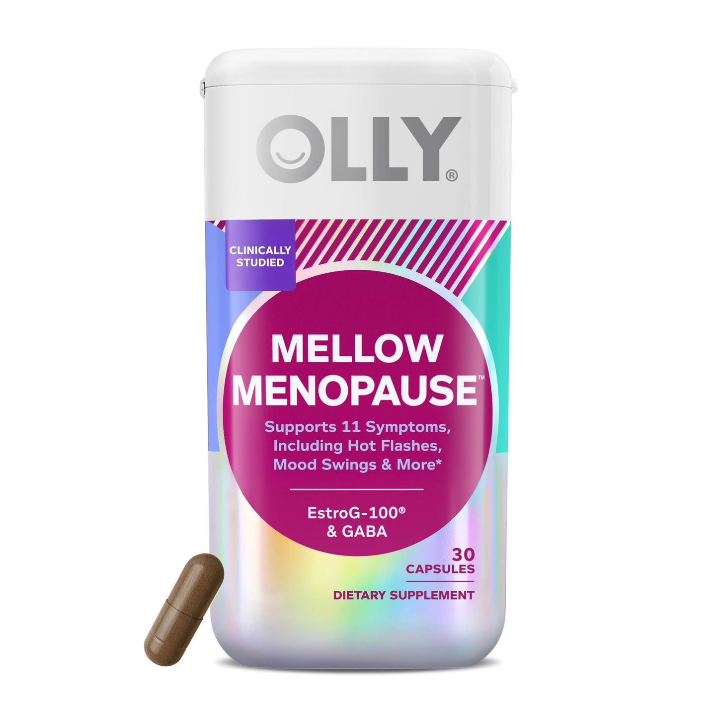 OLLY Mellow Menopause Supplements for Women, Supports Hot Flashes, Vaginal Dryness & Occasional Mood Swings,* Estro-G100®, GABA, Vegan Capsules, 1 Month Supply - 30 Count