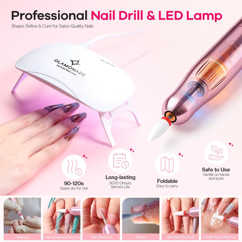 Glamonade Acrylic Nail Kit for Beginners: Professional Nail Set with Drill Acrylic Powder Gel Polish Nail Stamp for Home Starter Practice & DIY Manicure