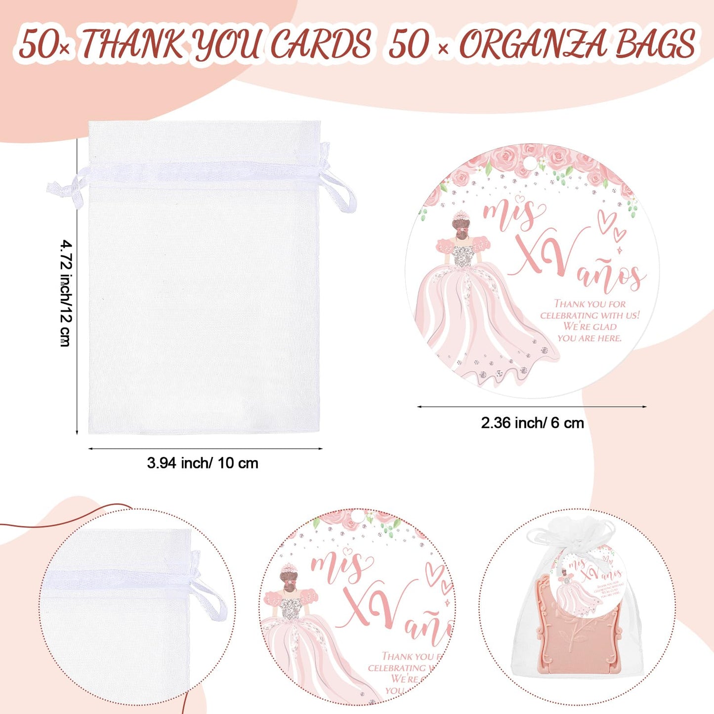 Wenqik 50 Set Quinceanera Party Favors for Guests Include Rose Compact Mirror Quinceanera Card and Organza Bag Mis Xv Sweet 15th Birthday Party Favors (Champagne)