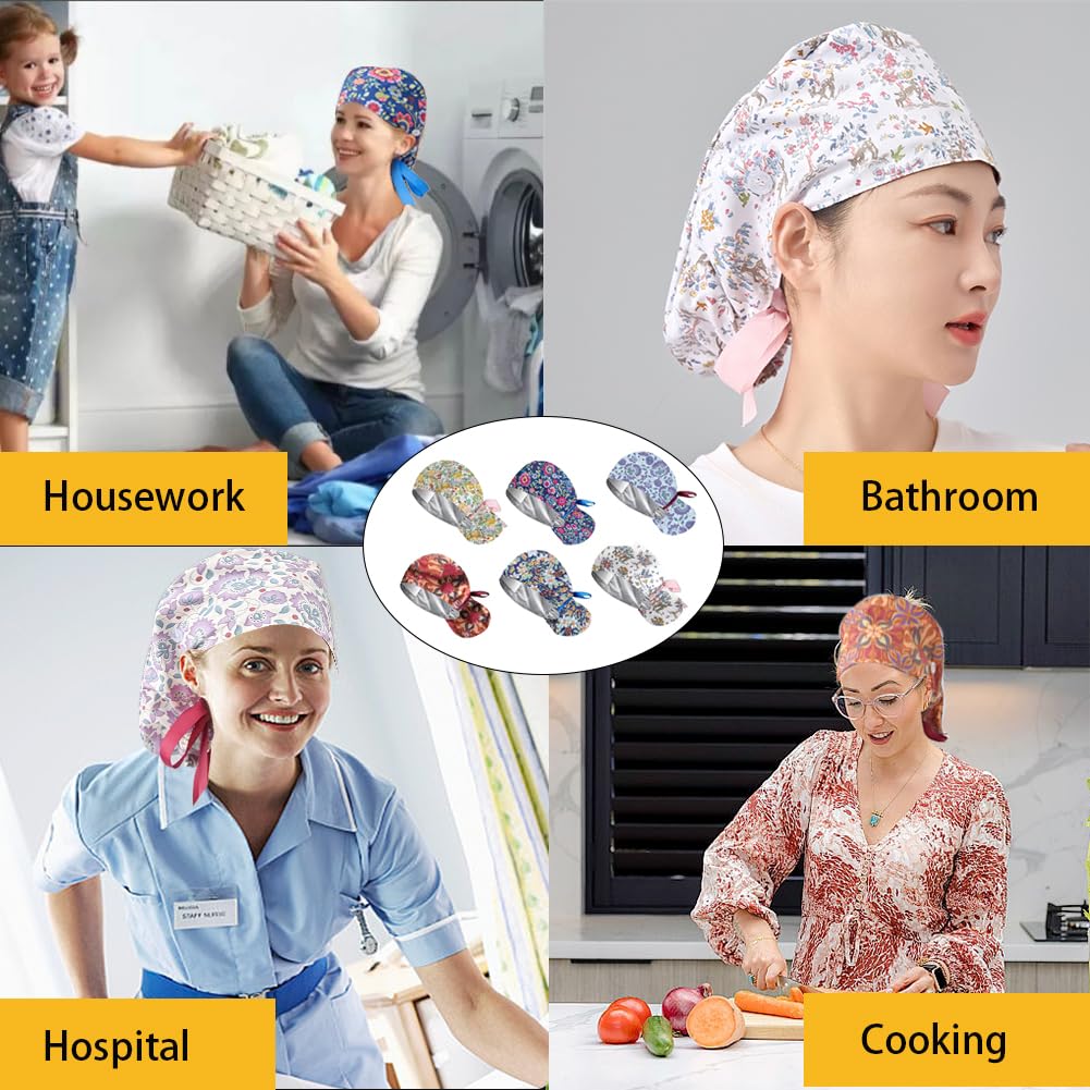 6Pcs Satin Lined Scrub Caps Women Ponytail, Adjustable Surgical Caps for Women, Scrub Hats, Nurse Cap, Nurse Surgical Hat with Button and Sweatband, Elastic Ponytail Pouch Tie Back