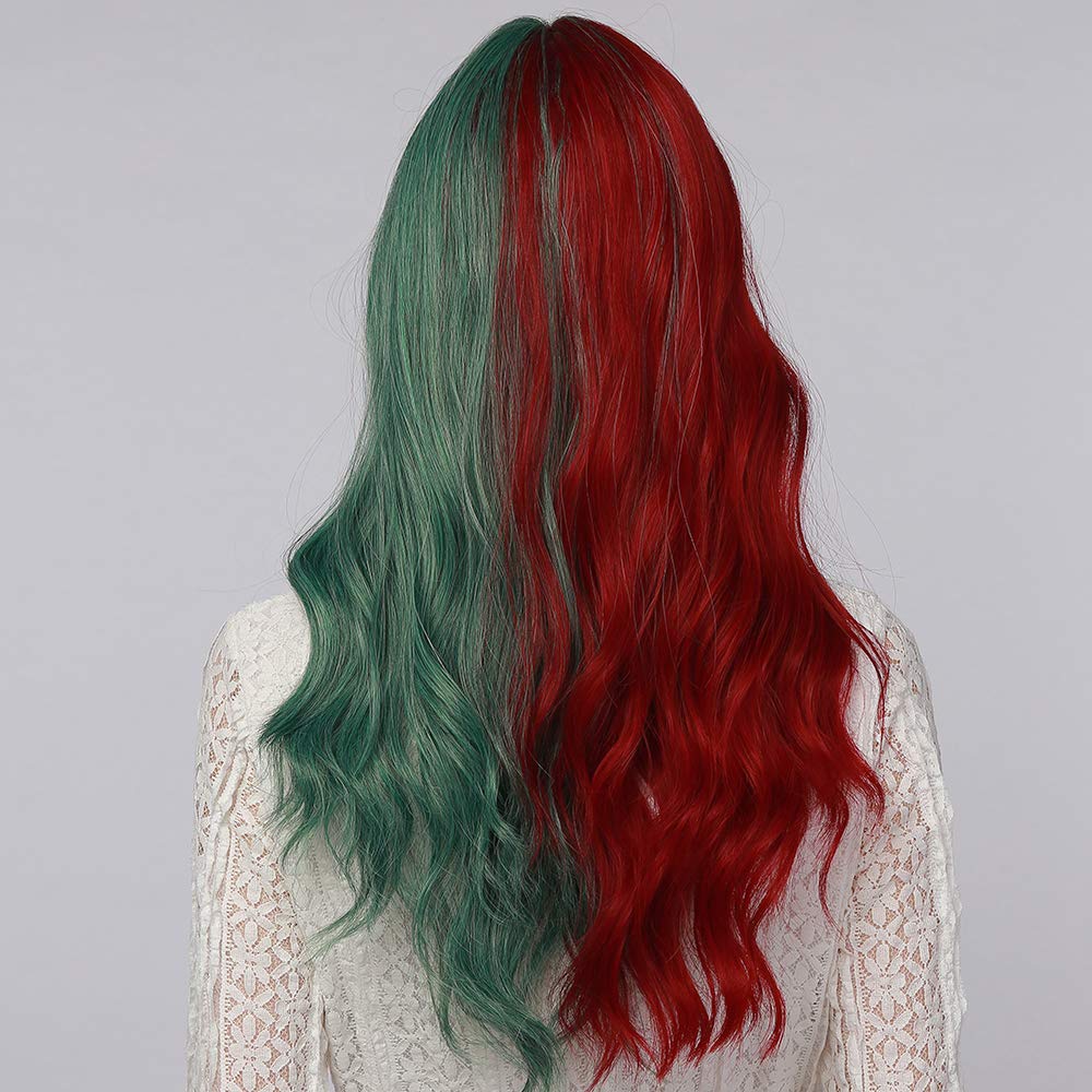 OUFEI Long Wavy Half Red Half Green Wigs with Bangs for Women Natural Synthetic Hair Heat Resistant Wig for Christmas Cosplay Party Use-22 Inches