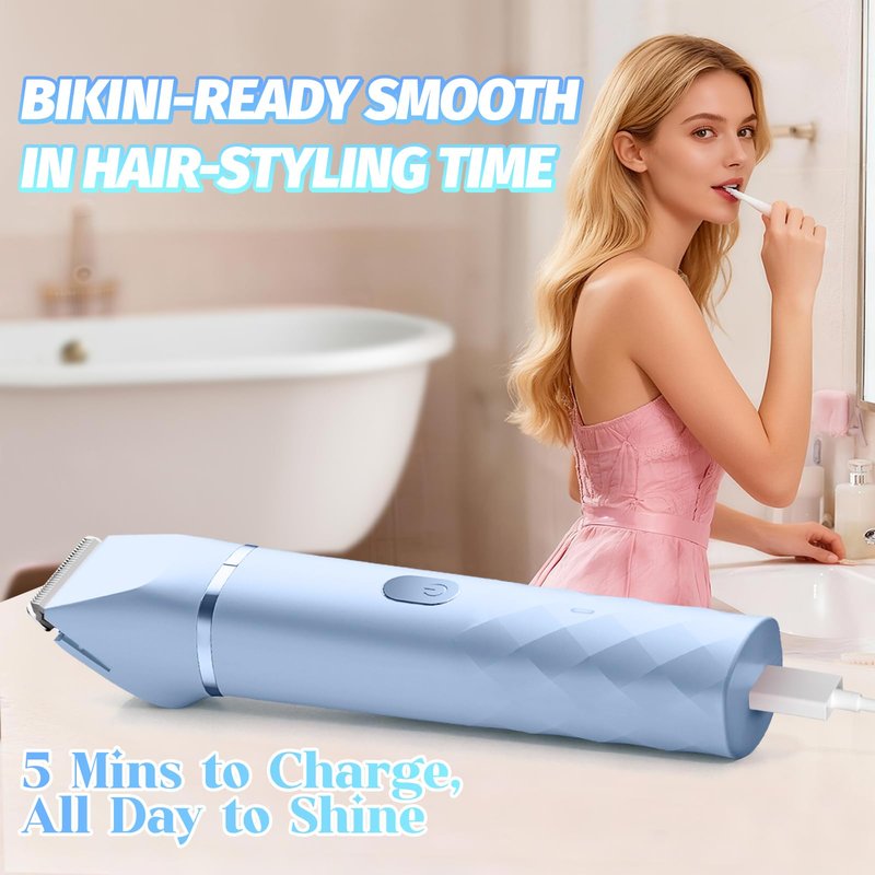 Bikini Trimmer for Women, IPX7 Waterproof, Painless Rechargeable Electric Razor Remover, 2-in-1 Facial & Pubic Hair Removal for Sensitive Skin, Portable Travel Size, Women’s Gift, Blue Blue
