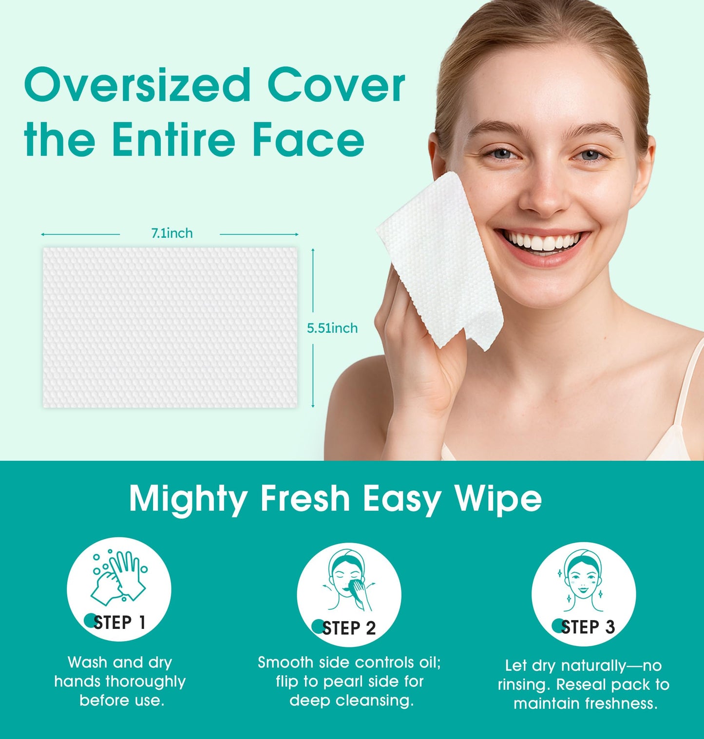 Facial Cleansing Wipes, Green Tea Oil Extract for Face Cleansing, Salicylic Acid for Acne Treatment, Hydrating Pore Care for Sensitive Skin, Exfoliating & Soothing Double-Sided Cleansing Wipes