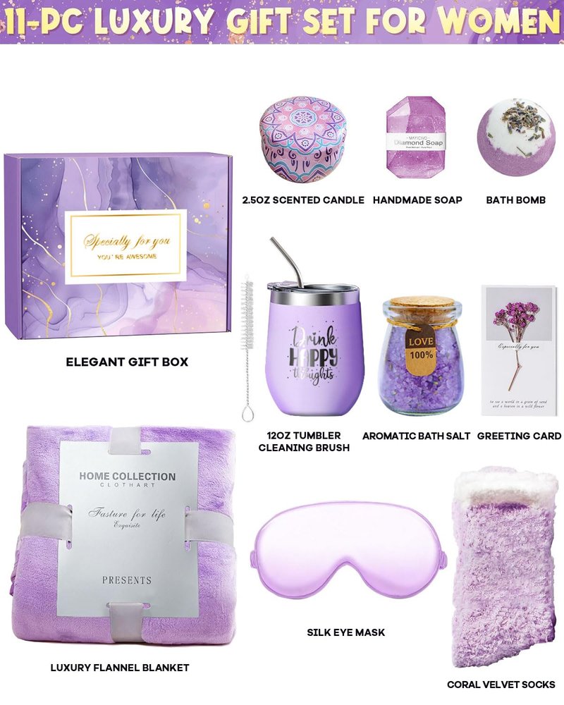 Spa Gift Baskets for Women - 12-Piece Self-Care Kit with Candle, Bath Salts & Eye Mask | Perfect Gift for Mother's Day, Birthdays & Get Well Soon