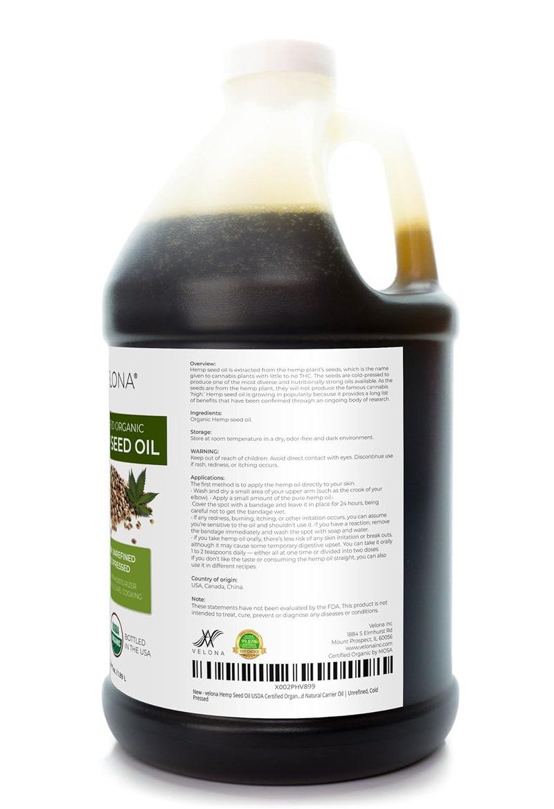 Hemp Seed Oil - USDA Certified Organic 64 Fl Oz | 100% Pure, Unrefined Carrier Oil for Hair, Body & Skin Care