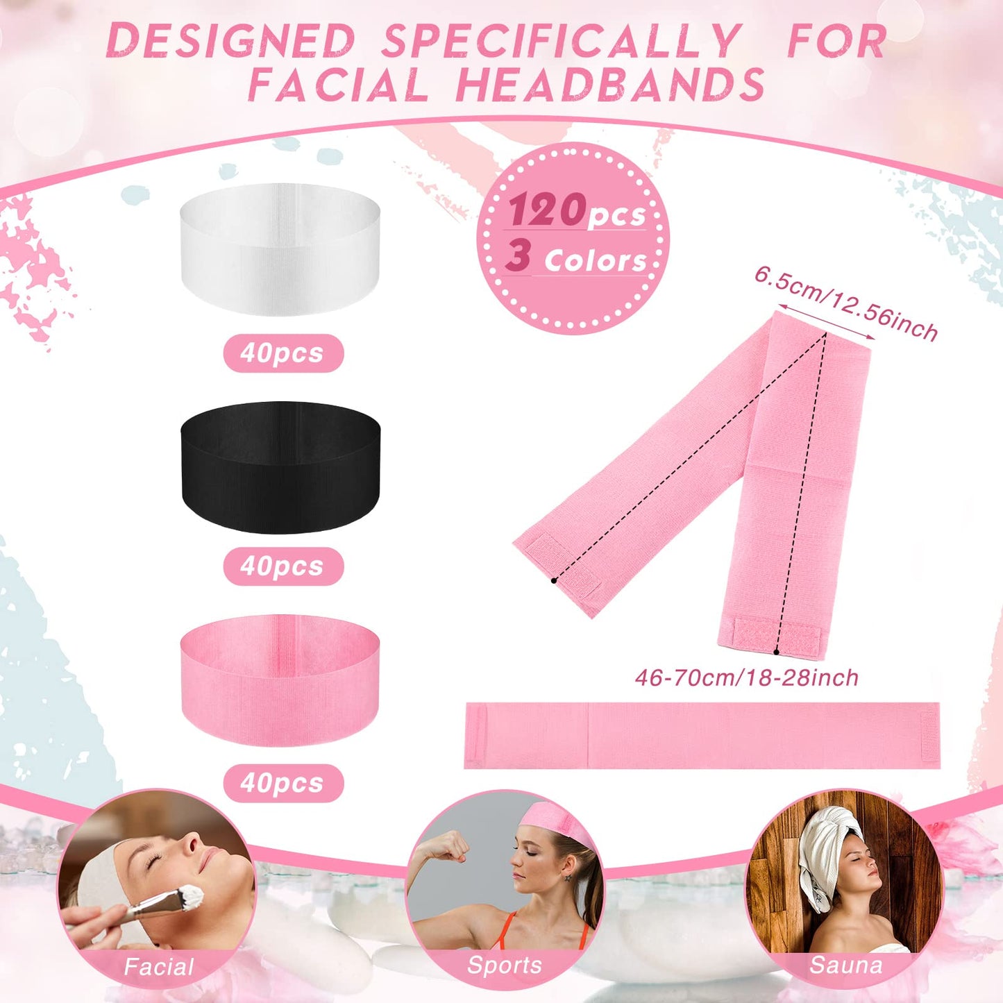 Hanaive 120 Pieces Disposable Headbands with Closure Wrapped Spa Headband for Women Salons Face Washing Shower Stretch Non Woven Hair Band for Esthetician Supplies Makeup Artists