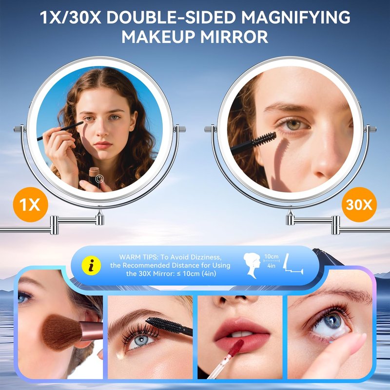 5000mAh Rechargeable Wall Mounted Lighted Makeup Mirror, 9'' 30X/1X Double-Sided Magnifying Mirror with Light, Bathroom Mirror Touch Dimmable 3 Colors 360° Rotation Extended Arm, Power Adapter