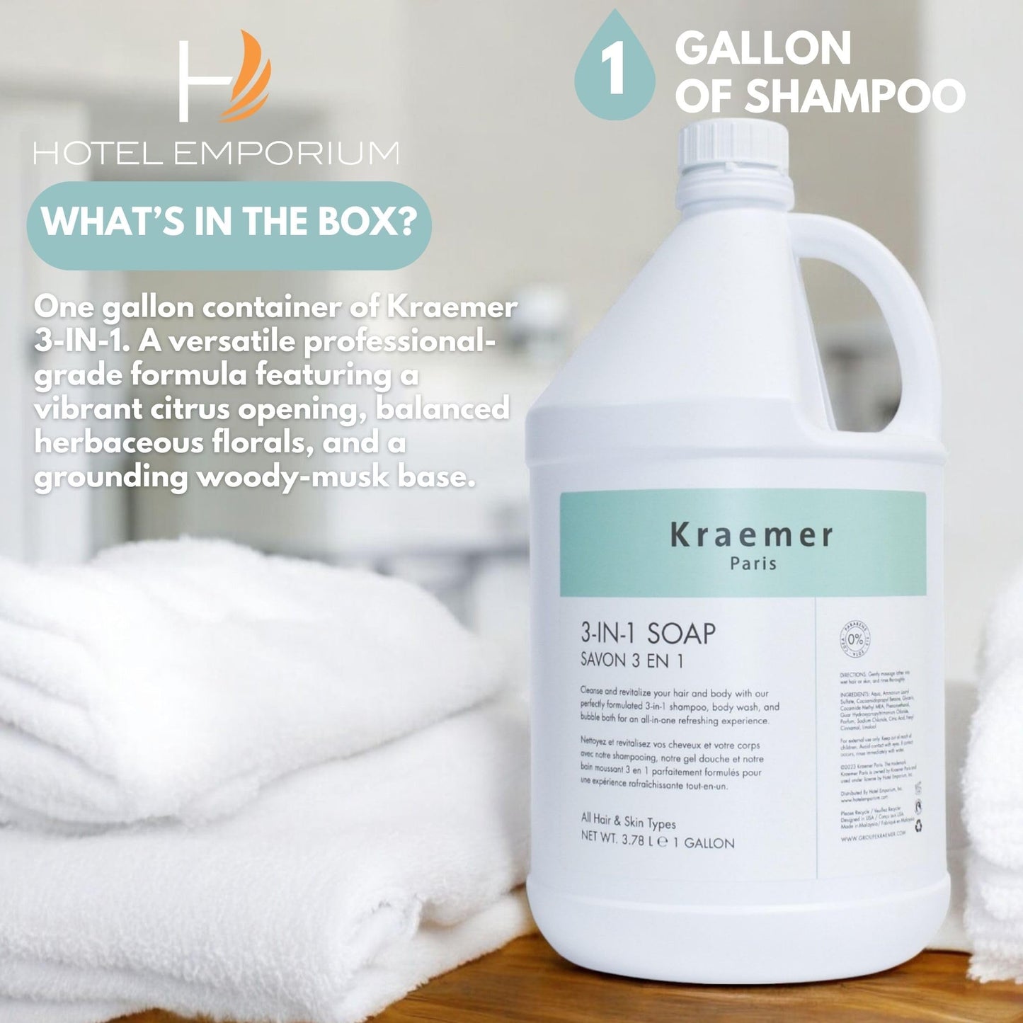 Kraemer Paris Bulk Shampoo Refill Gallon Size hotel for Hotel,Airbnb,Gyms,Hospitality, and Vacation Rentals,All-in-One Salon Quality,3.78 Liter Size, Cruelty-Free Refillable for Hair and Body Wash