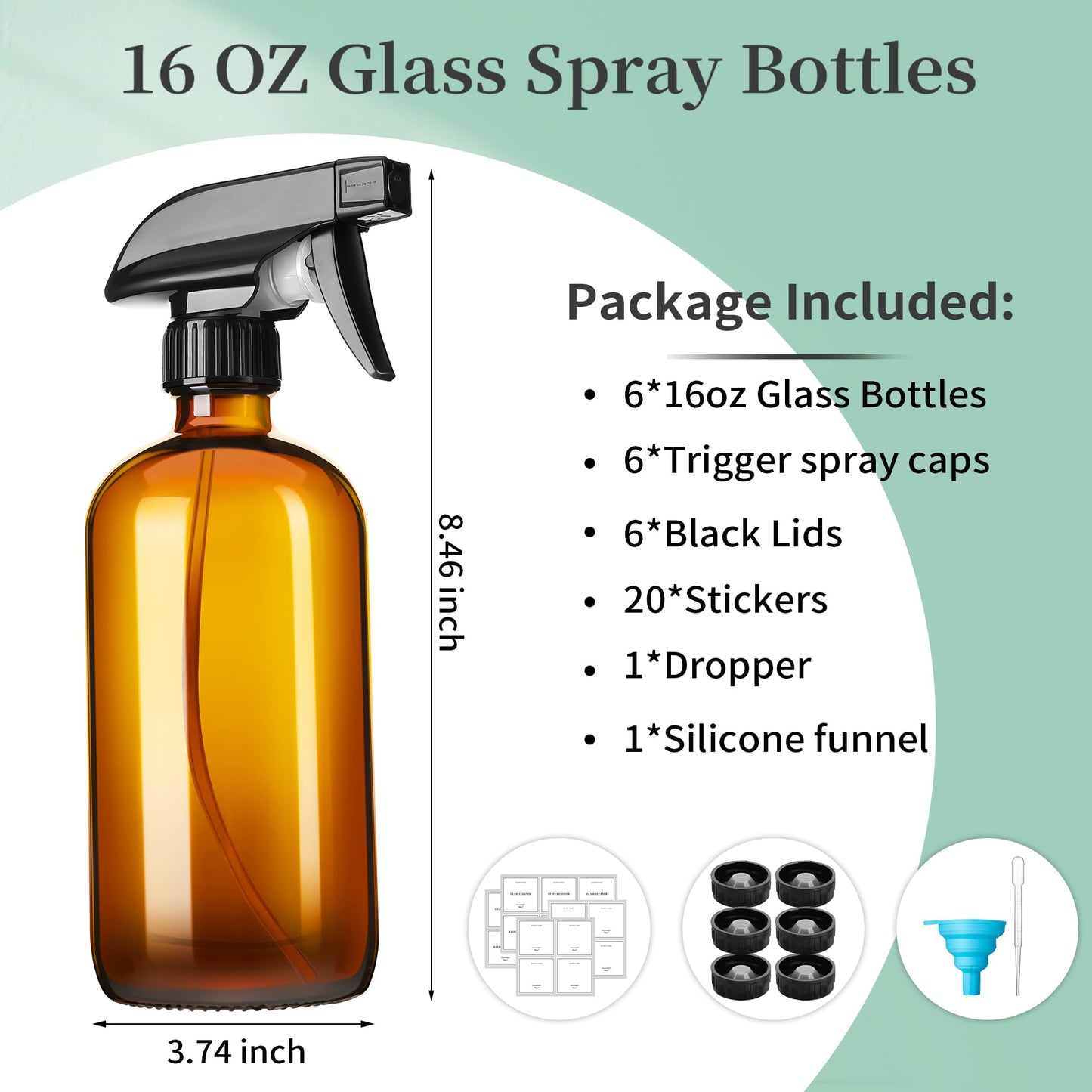 GIVAMEIHF 16oz Amber Glass Spray Bottles,6 Pack Glass Spray Bottles Refillable Empty Bottle with Adjustable Nozzle,Spray Bottle for Essential Oils,Cleaning,Pets,Hair Mister