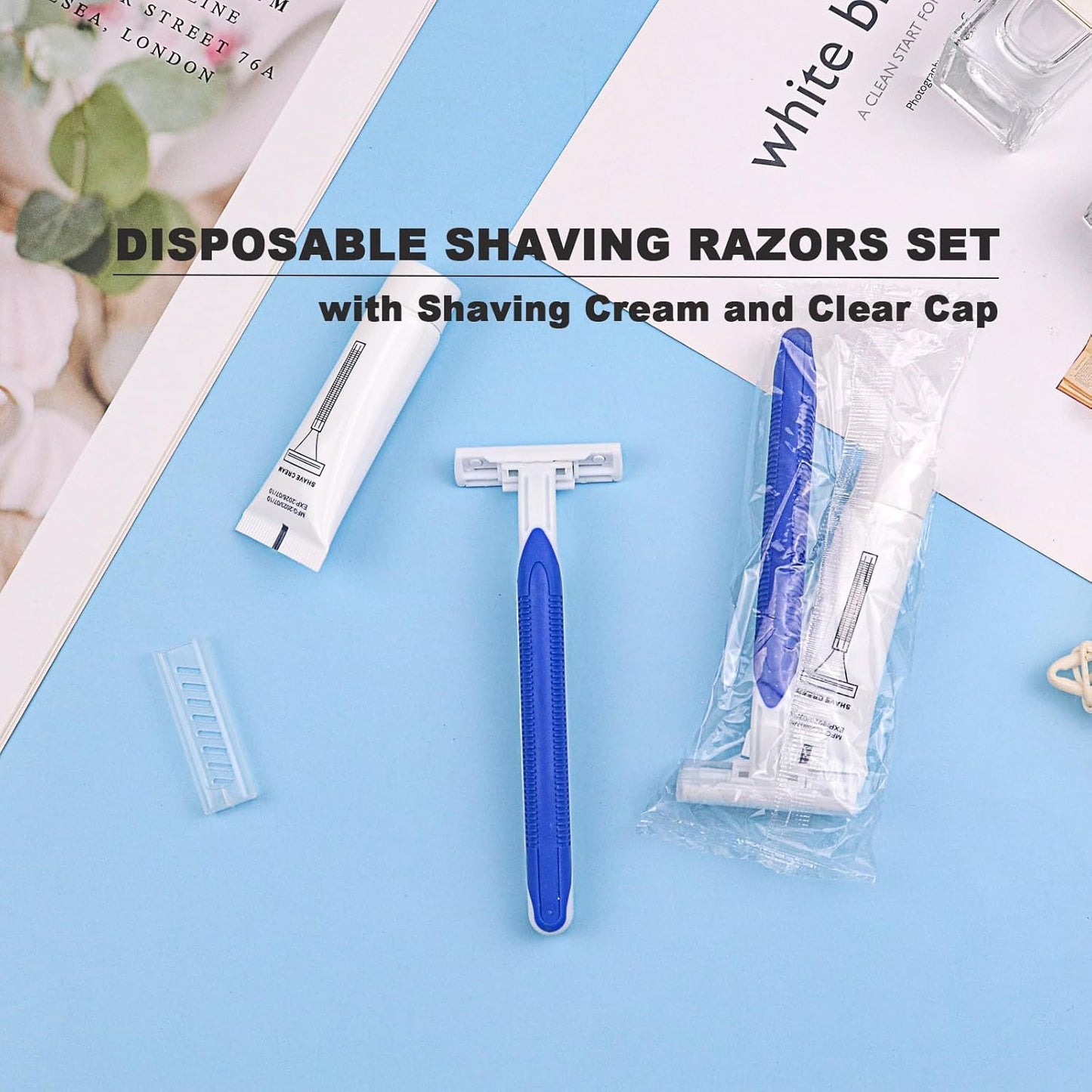 Disposable Razors - Bulk Pack of 60 Individual Wrapped Twin Blade Shaving Razors | Includes 10g Shaving Cream