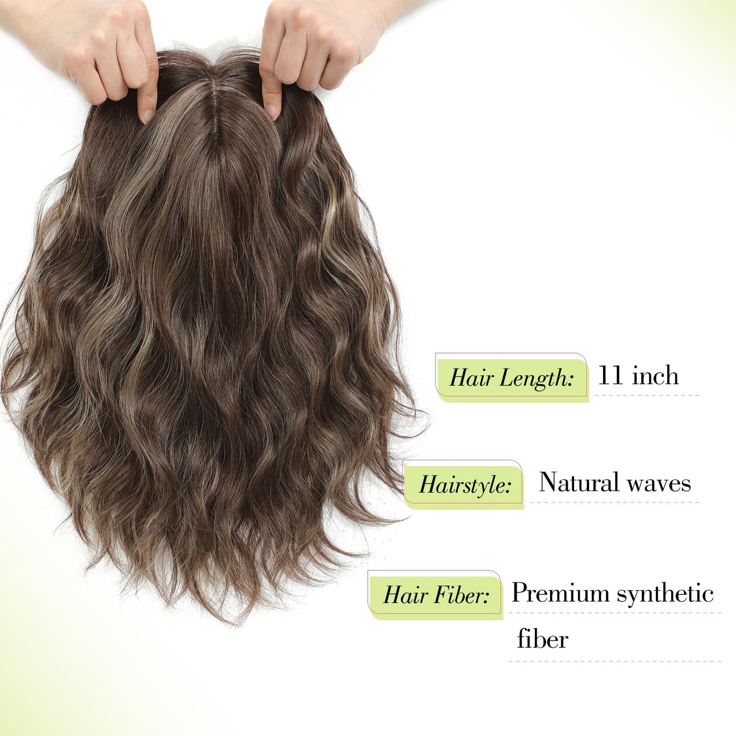 Ms Taj 11 Inch Short Wavy Hair Topper for Women with Thinning Hair, Synthetic Lightweight Breathable Hairpiece with 6.5"x6.5" Base, Instantly Adds Volume and Coverage（Dark Ash Brown with Highlights）