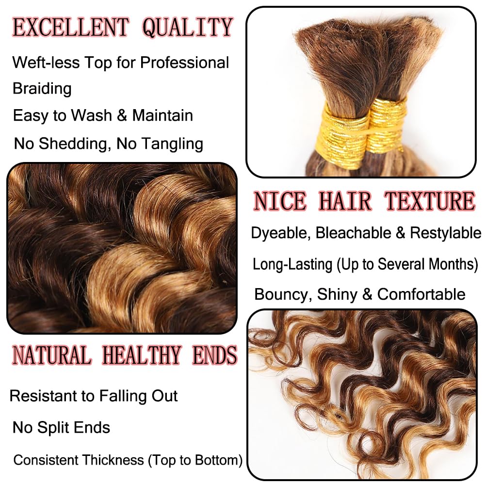 MYMYDA Human Braiding Hair for Boho Braids 16 Inch Curly Deep Wave Bulk 2 Bundles 100g 100% Unprocessed Virgin Hair Knotless Bohemian Braids Extensions Highlight Honey Blonde Color