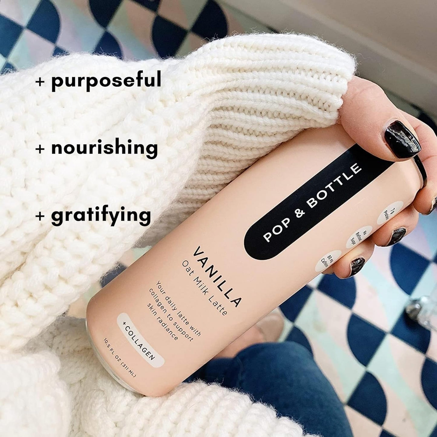 Pop & Bottle Vanilla Oat Milk Lattes - Cold Brew, Sustainably Sourced Marine Collagen, MCT Oil, Organic, Dairy Free, Gluten Free, Lightly Sweetened with Dates - 8 Fl Oz (Pack of 8)