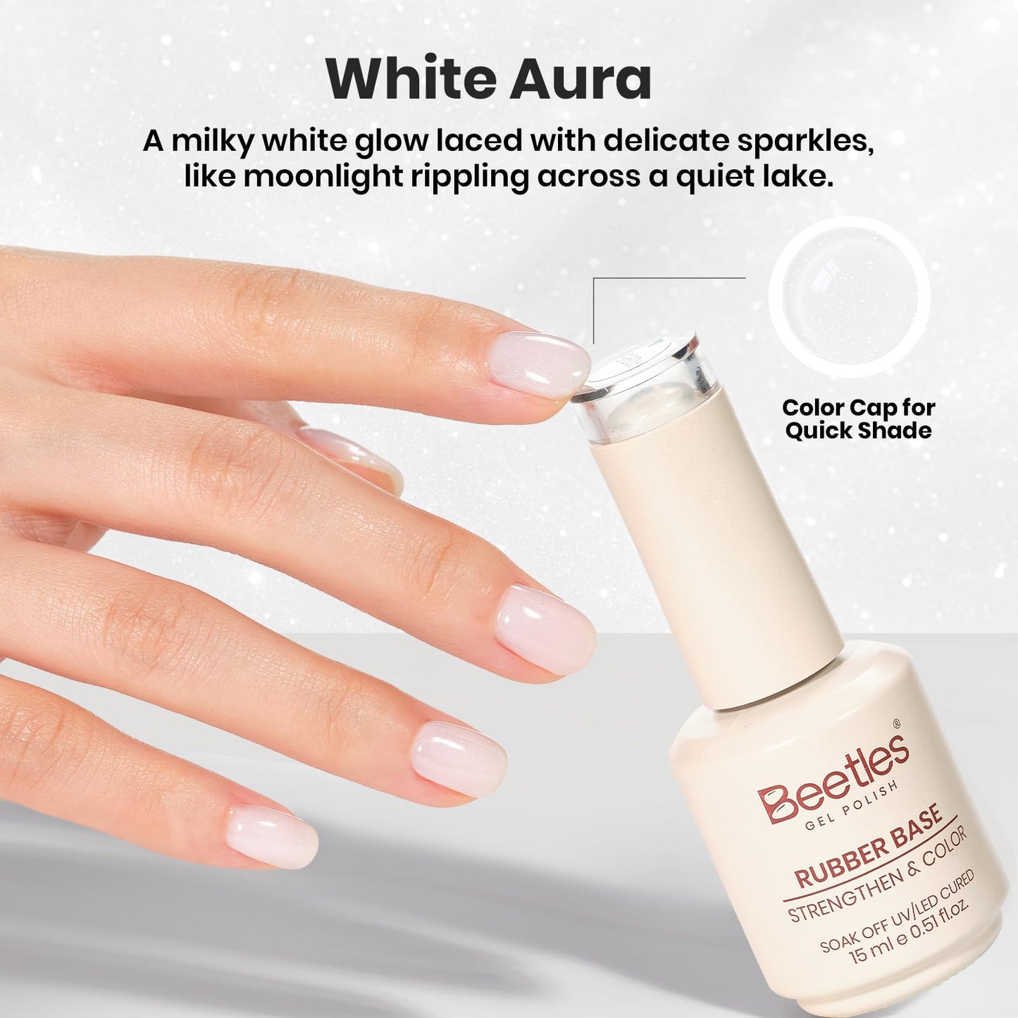 Beetles Milky White Rubber Base Gel Nail Polish 15ml, White Aura Shimmer for Cloud Ombre Nails, 2-in-1 Builder Base & Color Strengthening Self-Leveling Flexible Soak Off UV LED for Weak Natural Nails
