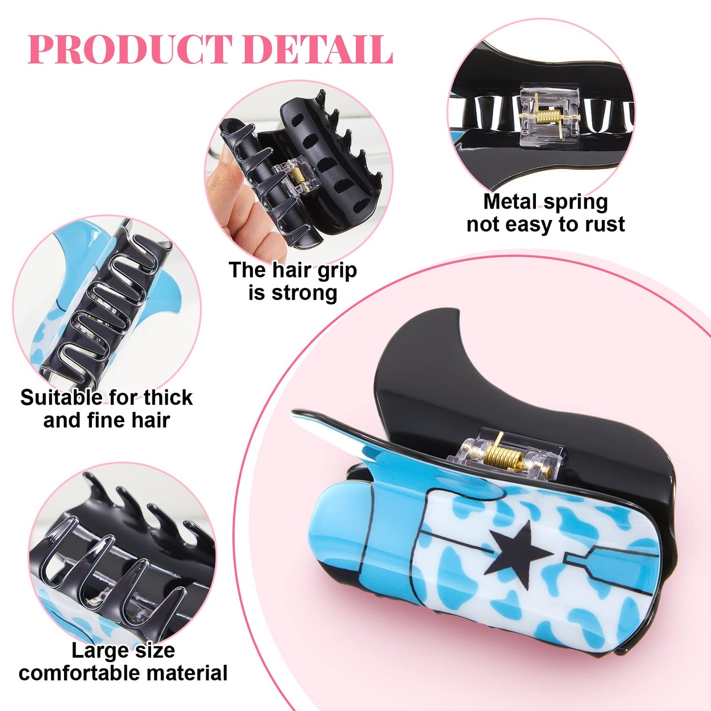 Tigeen 8 Pcs Western Cowgirl Hair Claw Clips Cow Print Sunflower Leopard Star Shark Boot Hat Nonslip Hair Clip Large Fun Cowgirl Acrylic Western Accessories Barrette Styling Clamps Gifts for Women
