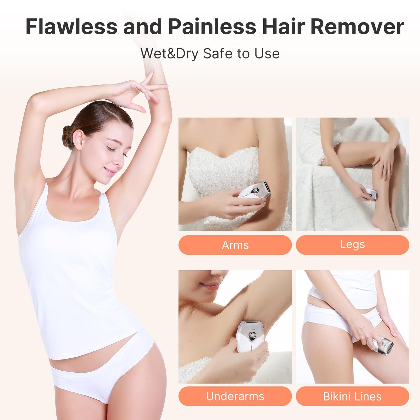 TOUCHBeauty Electric Shaver for Women, Painless Bikini Trimmer with 3-Blade System, Wet/Dry Cordless Foil Razor for Facial, Leg, Underarm & Body Hair, Battery-Powered, Gifts for Women, Gray