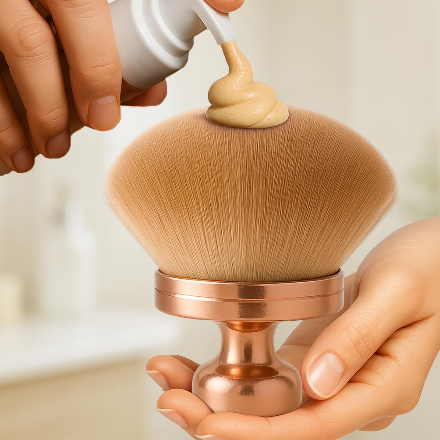 OriginButy Kabuki Self Tanner Brush – Round Dome Blending Brush for Face & Body, Palm-Grip Applicator for Smooth, Streak-Free Tan | Soft Synthetic Bristles, Washable & Reusable (Gold)
