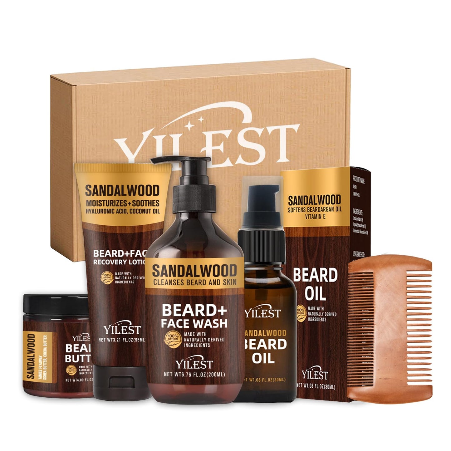 Sandalwood Beard Care Set – The Perfect Father's Day Gift | Nourish Follicles for Elastic Growth, Deeply Condition with Butter & Oil, Soothe Skin with Recovery Lotion & Gentle Wash