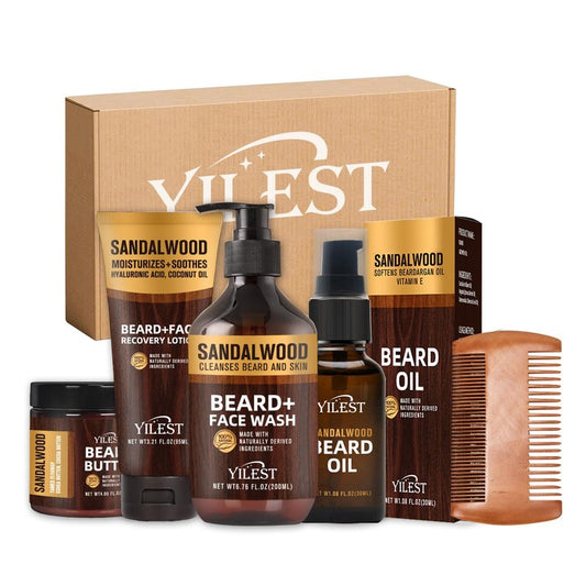 Sandalwood Beard Care Set – The Perfect Father's Day Gift | Nourish Follicles for Elastic Growth, Deeply Condition with Butter & Oil, Soothe Skin with Recovery Lotion & Gentle Wash