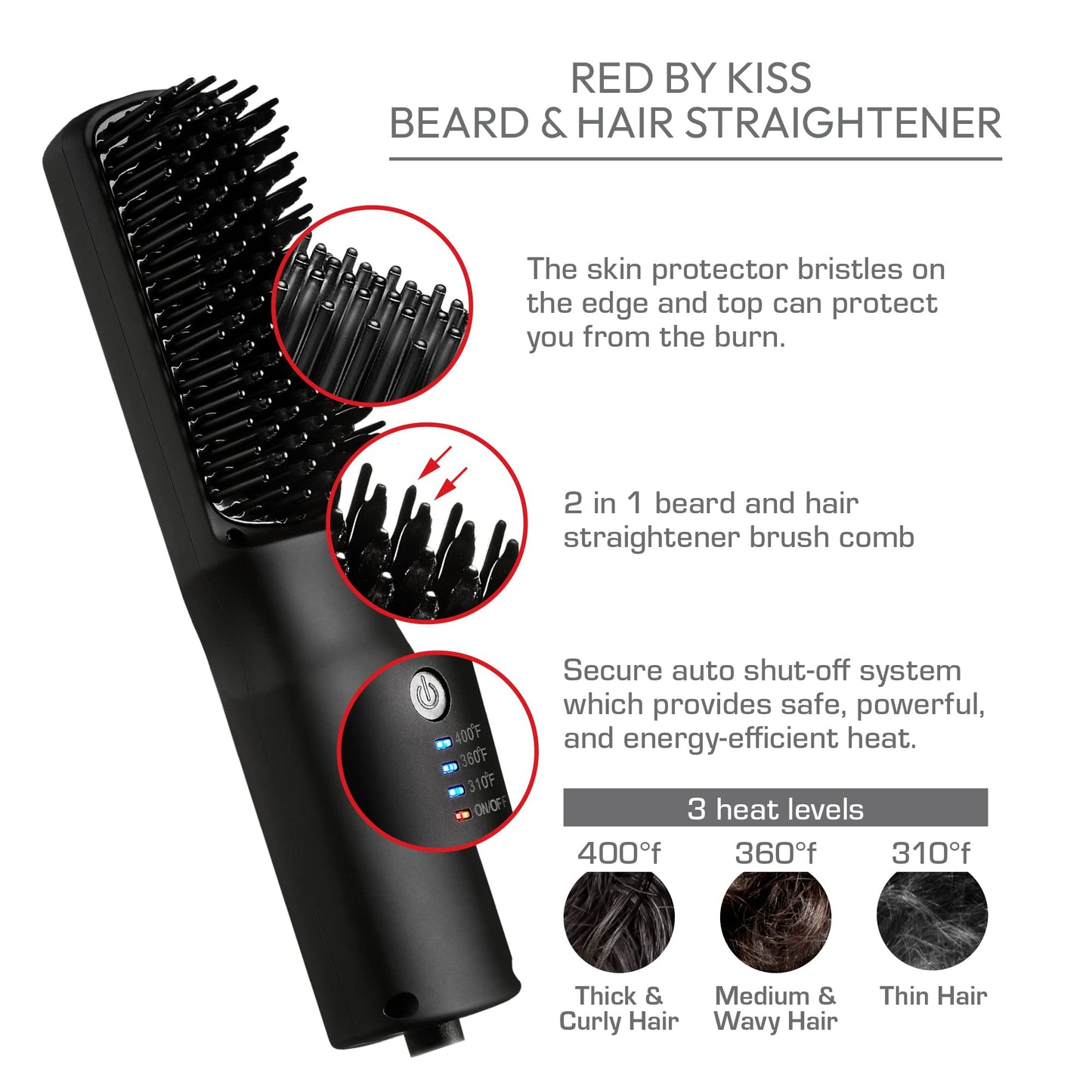 Red by Kiss 2-in-1 Ionic Hair Straightener Brush with Ceramic Coating, Adjustable Temp, Auto Shut Off, Skin Protector Bristles & 360° Swivel Cord, Smooth & Style in Few Strokes