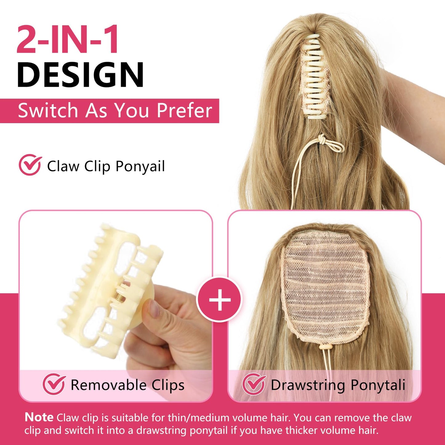 N NAYASA 24''Long Wavy Ponytail Extension, Burgundy Ombre Claw Clip Hair Piece, Long Curly Wavy Wine Red Ponytail Hair Extension Jaw Clip on Pony Tails Hairpiece for Women