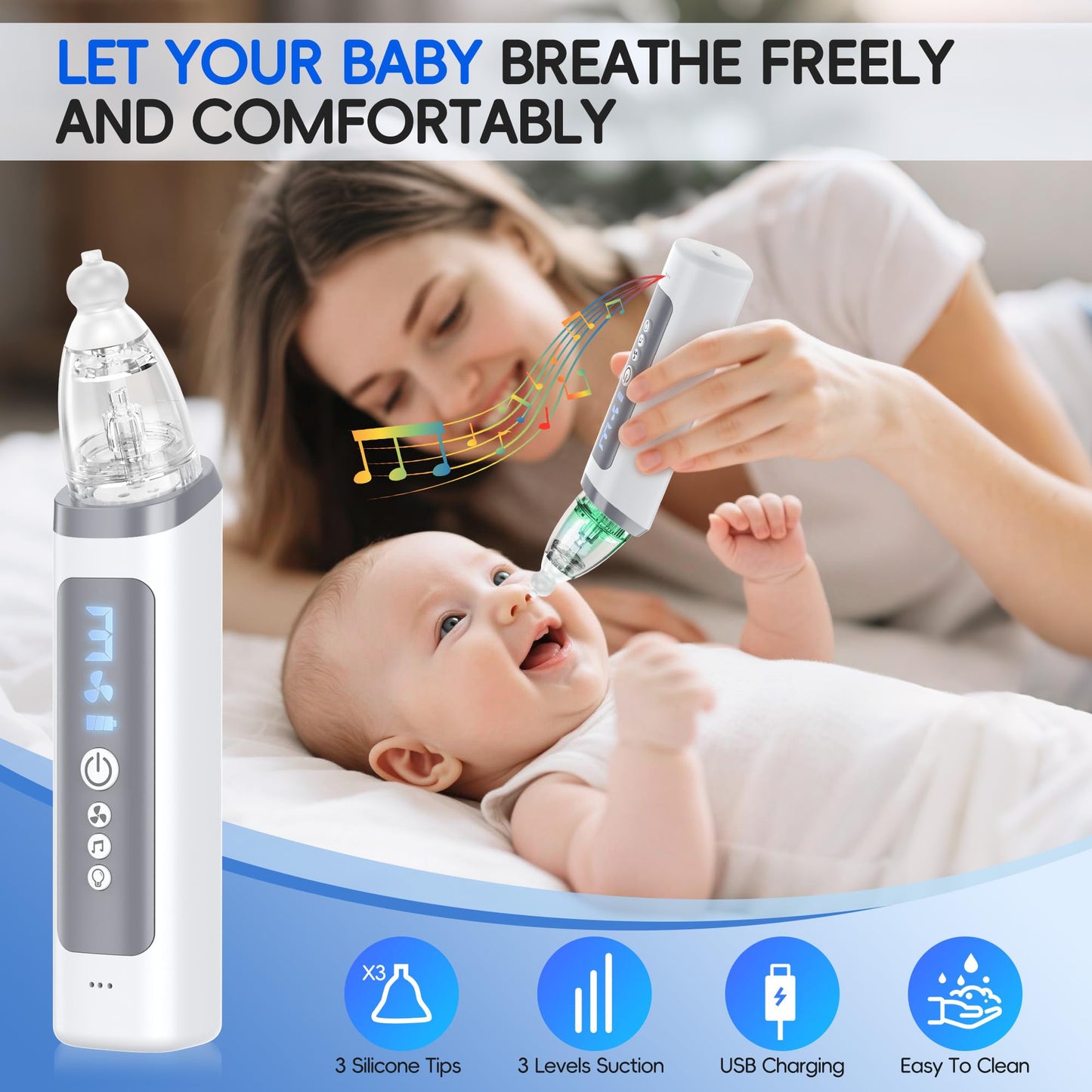 Medcodes Nasal Aspirator for Baby, Electric Nose Sucker for Baby & Toddler, Congestion Relief with 3 Levels Suction,Soothing Light & Nursery Rhymes (Large A)