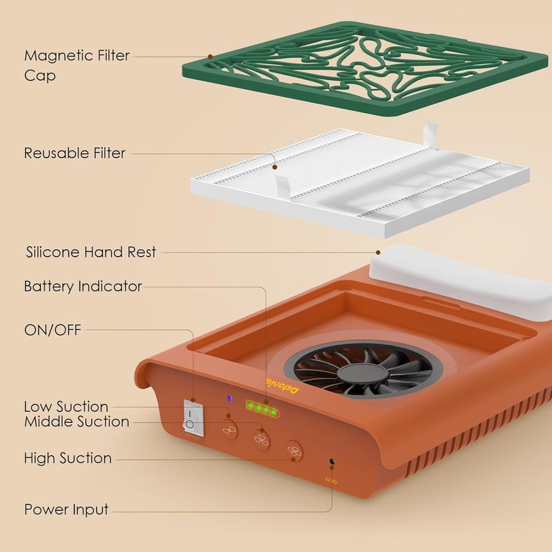Delanie Nail Dust Collector - Quiet Brushless Motor with Rechargeable 7800 mAh Battery | Adjustable Speeds & Reusable Filter