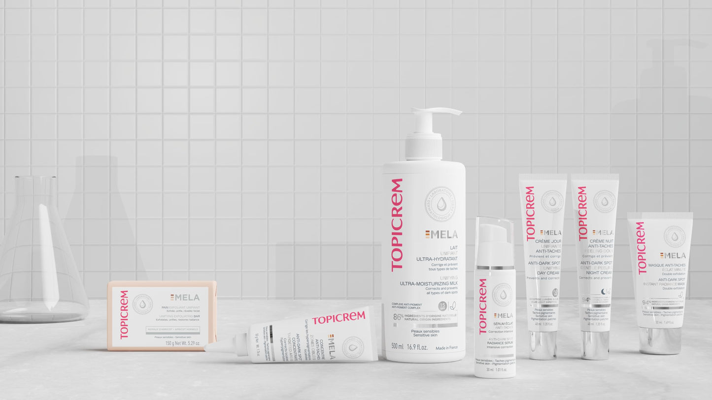 GIGATEMP Topicrem - Mela, Lait Unifiant Ultra Hydratant Corps - Hydrate 24h, Unifie le Teint, Corrige et Prévient l’Apparition des Taches Texture Onctueuse Peaux Sensibles Nouvelle Formule 500ml