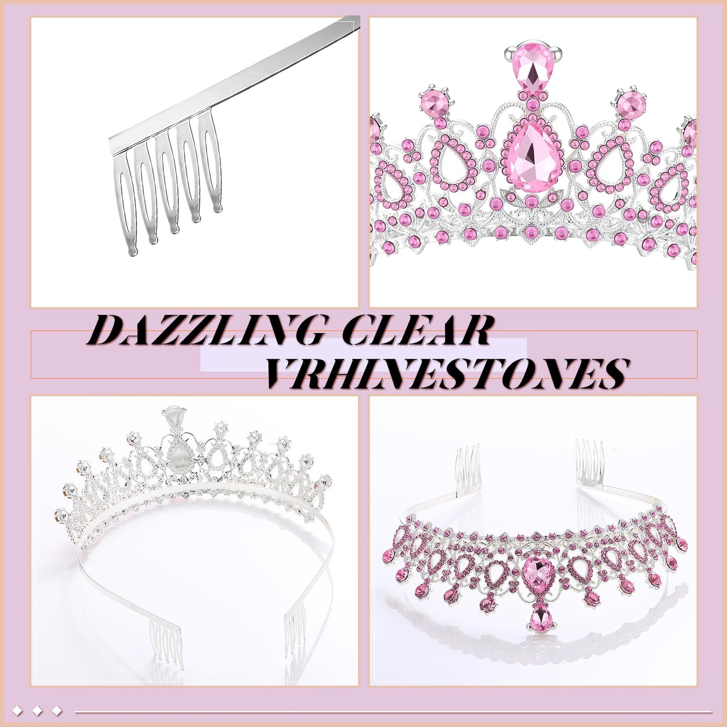 Loetere 12 Pcs Crystal Tiara and Princess Crown with Comb Crown Rhinestone Women Tiara Headpiece Queen Hair Accessories for Party Wedding Prom Halloween Cosplay Costume(Pink)