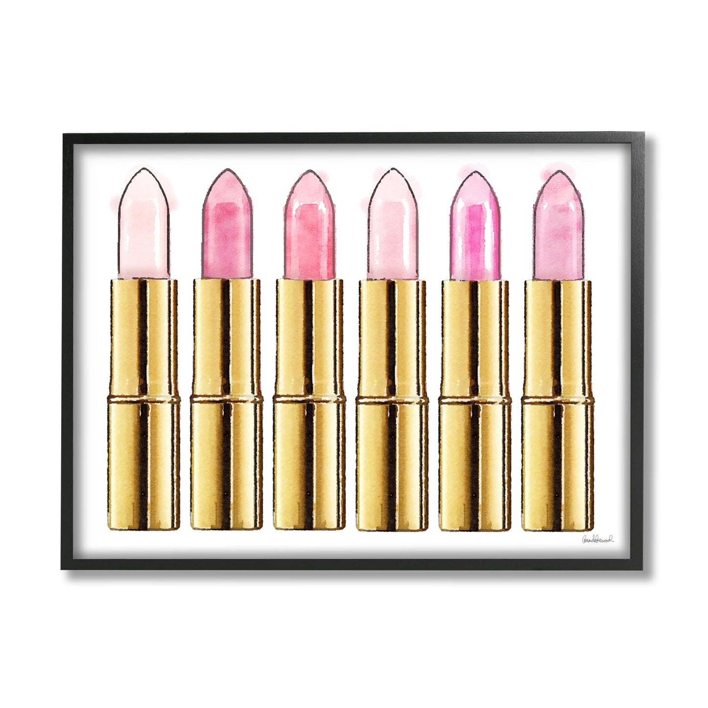 Stupell Industries Pink Gold Lipstick Glam Fashion Watercolor, Designed by Amanda Greenwood Wall Art, 11 x 1.5 x 14, Black Framed