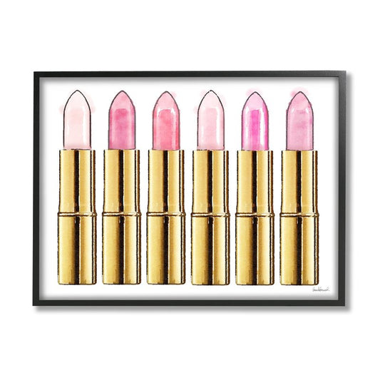 Stupell Industries Pink Gold Lipstick Glam Fashion Watercolor, Designed by Amanda Greenwood Wall Art, 11 x 1.5 x 14, Black Framed