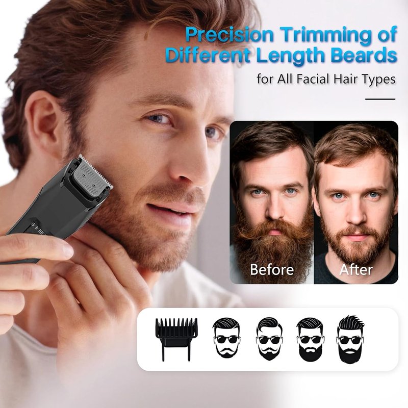 Beard Trimmer for Men - Cordless Waterproof Clippers with Adjustable Length & Stainless Steel T-Blade | LED Display & 2 Guide Combs