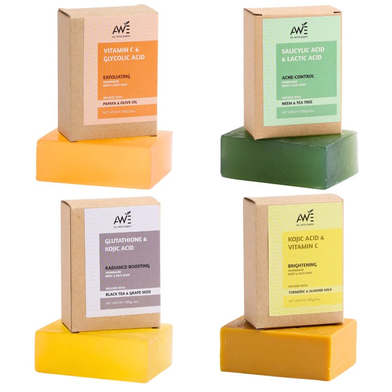 All With Earth Handmade Face & Body Soap Set of 4 Soaps Skin Brightening Hydrating Variants Vitamin C Retinol Kojic Acid Collagen Radiant Healthy Skin (Brightening Blends)