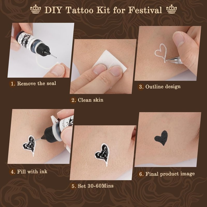 Temporary Tattoo Stencils Kit - 4 Pcs Tattoo Cones in Black, Maroon & Brown | Includes Outline Pen, Cotton Swabs & Brush for Fun Family Parties