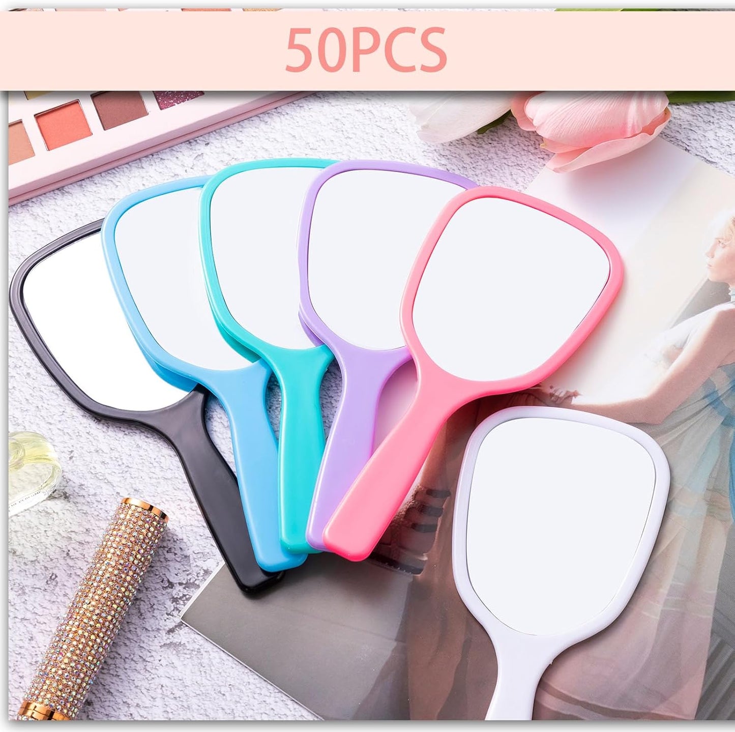Handheld Mirror Set - 50 Pcs Small Portable Makeup Mirrors | 3.15" Wide, 7.09" Long, 8 Colors