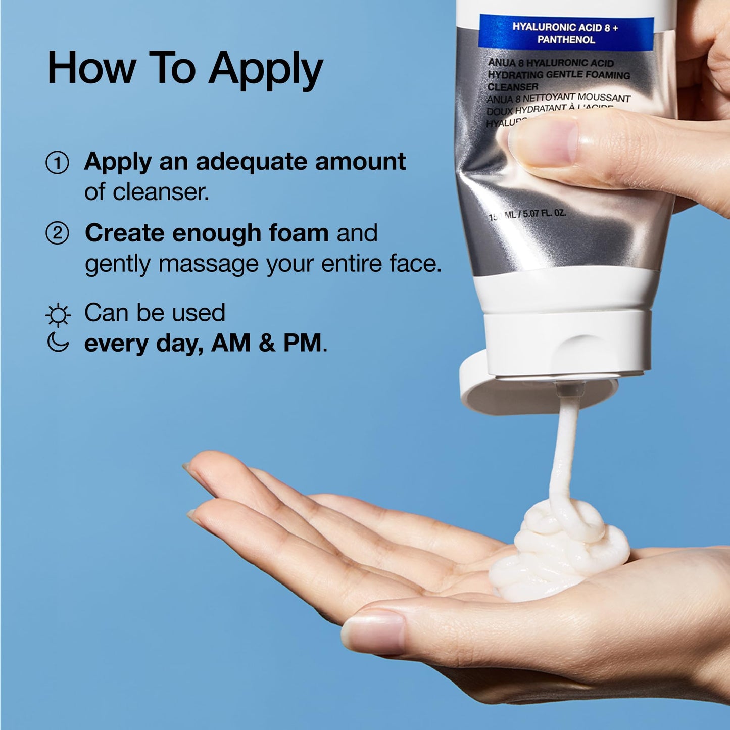 ANUA Hydrating Gentle Foaming Cleanser, Daily Face Wash for Double Cleansing, Hyaluronic Acid, Zinc, Panthenol, for Dry & Sensitive Skin, Sebum Balance Facial Cleanser, Korean Skincare, 5.07 fl. oz