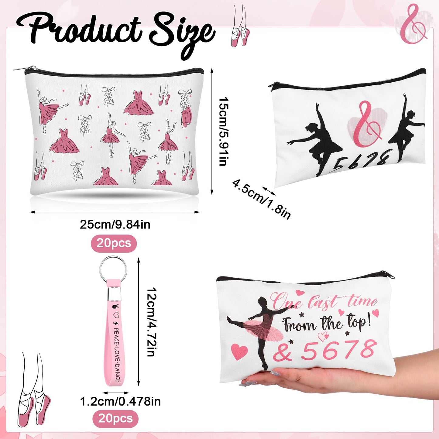 XEQWZVFR 40 Pcs Ballet Dancer Makeup Bag&Keychain Ballerina Makeup Bags Elegant Ballet Cosmetic Travel Organizer Toiletry Bags Inspirational Gift for Dancers Learner lover Thank You Gift for Teacher